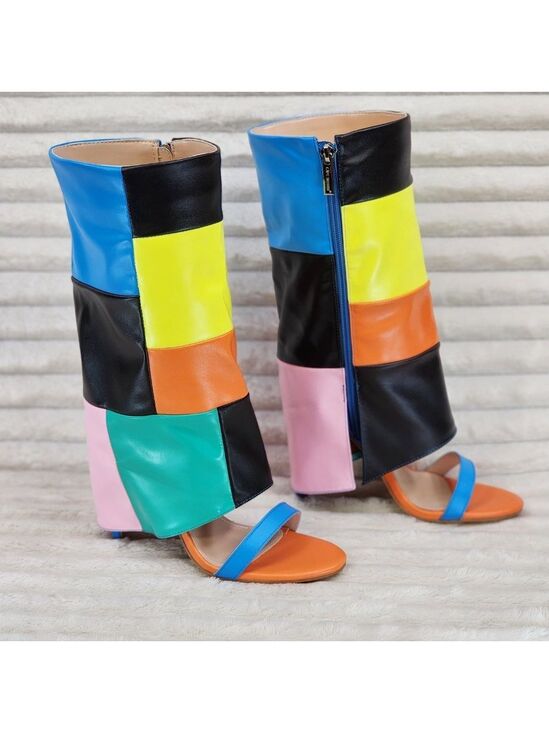 Cape Robbin Shoes - Paris Color Block Stiletto Fold Over Skirted Shootie Boot Sandals